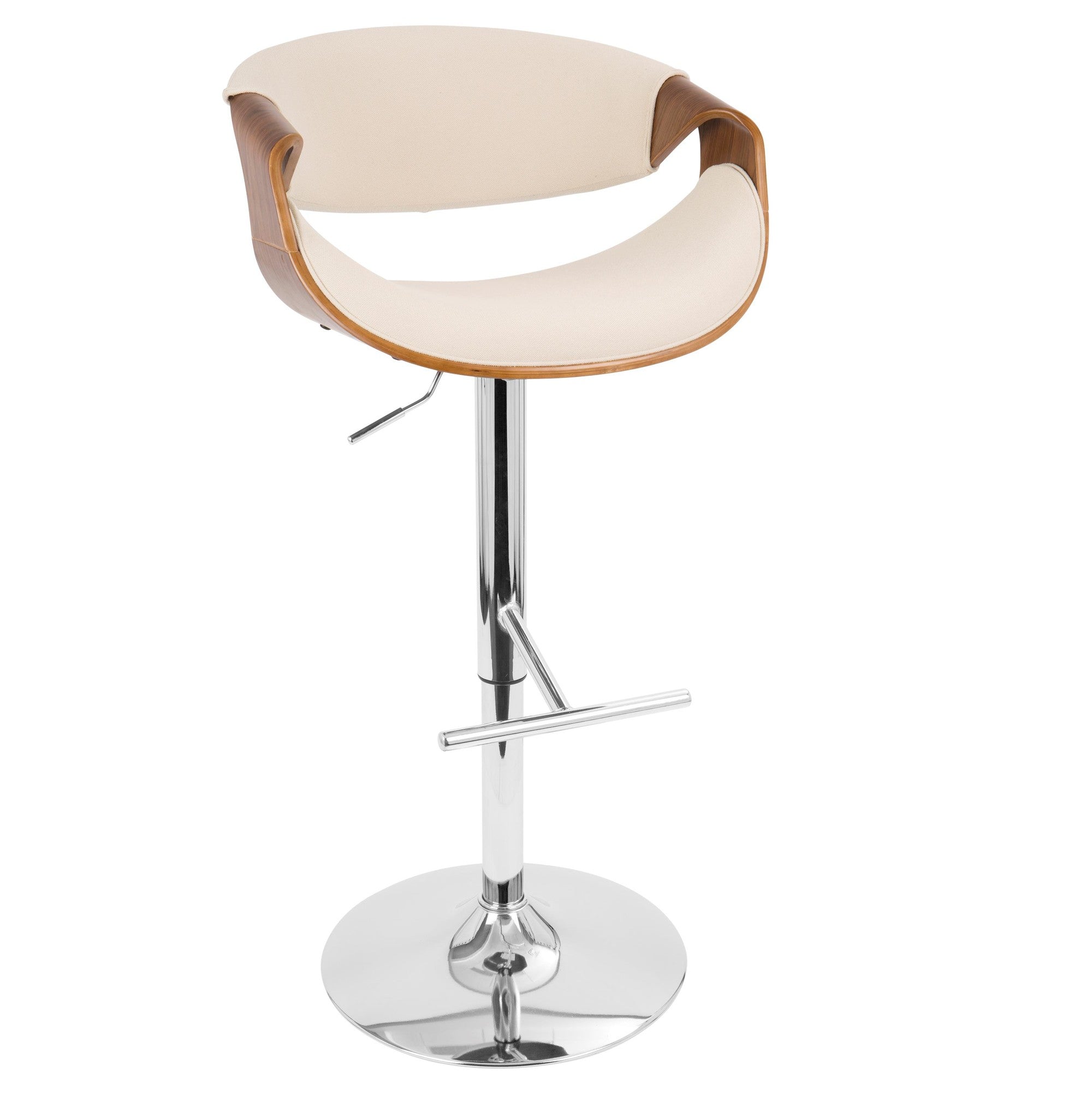 Curvo Adjustable Barstool - Set of 3 - Chrome, Walnut Wood, Cream Fabric