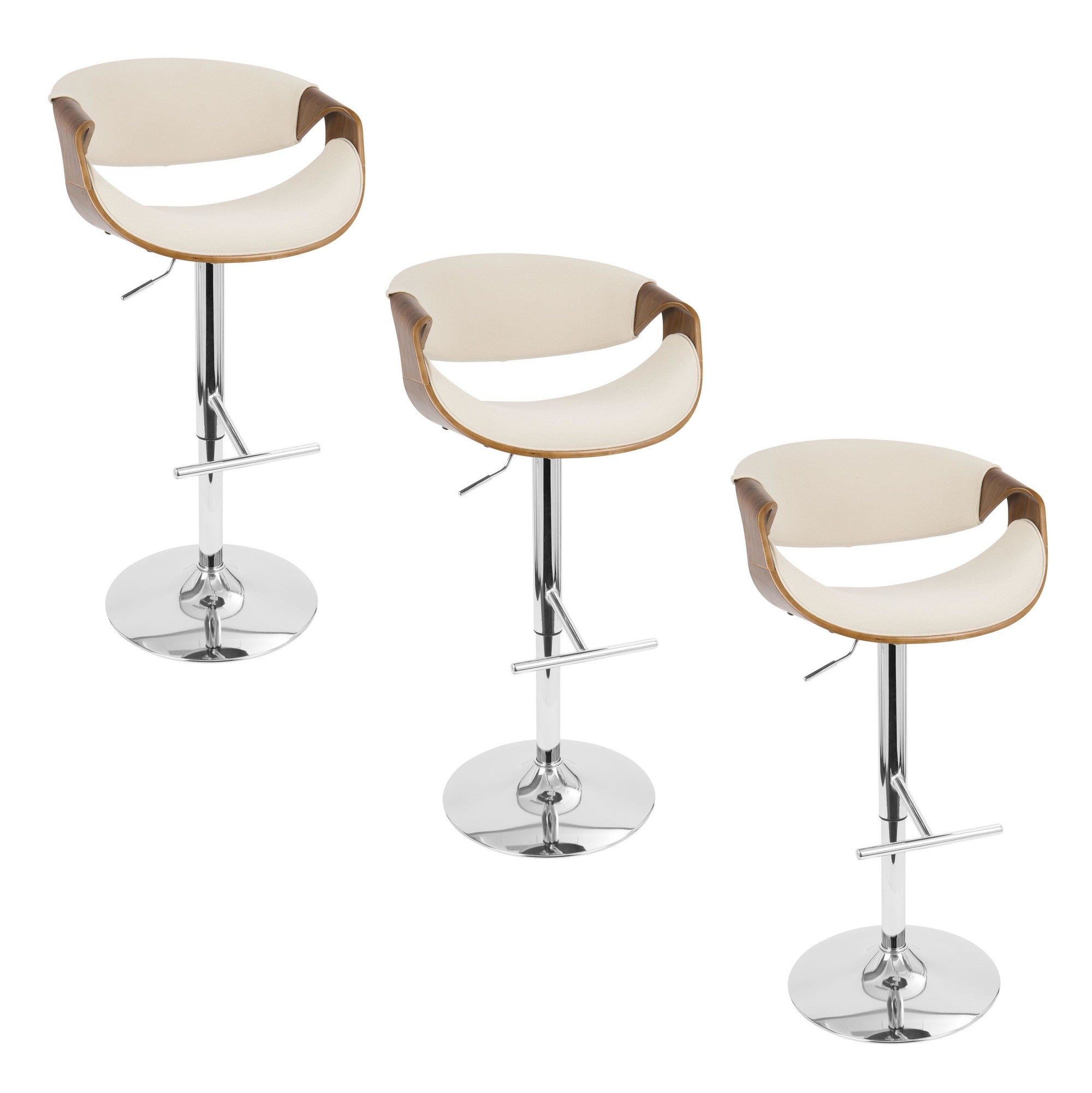 Curvo Adjustable Barstool - Set of 3 - Chrome, Walnut Wood, Cream Fabric