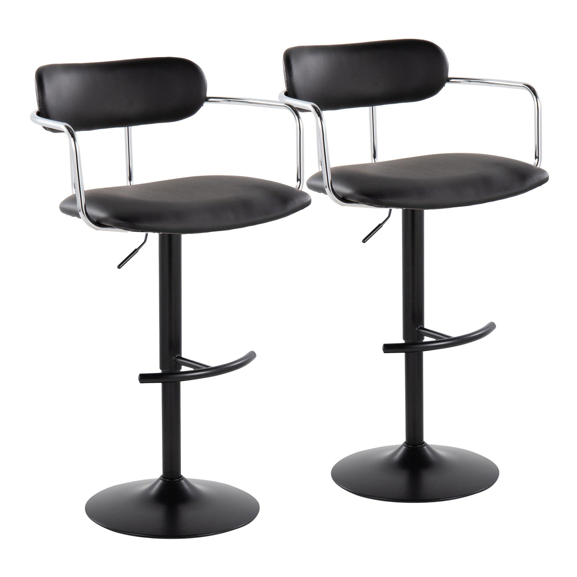 Demi Adjustable Barstool - Set of 2 - Black Metal, Chrome Metal, Black PU