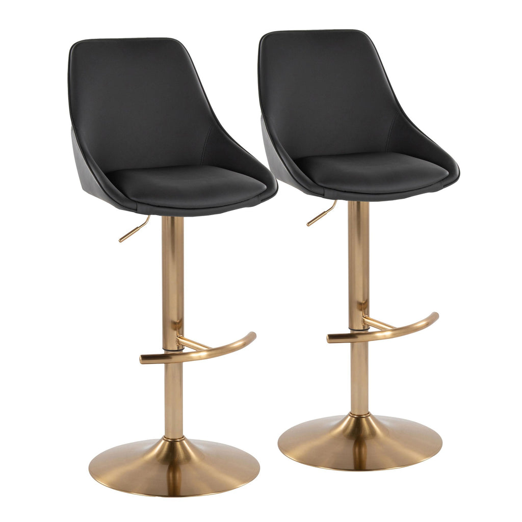 Diana Adjustable Barstool - Set of 2 - Gold Metal, Black PU