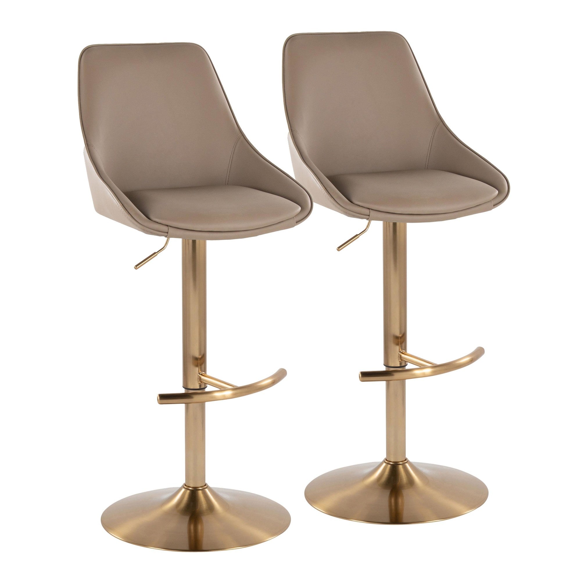 Diana Adjustable Barstool - Set of 2 - Gold Metal, Brown PU