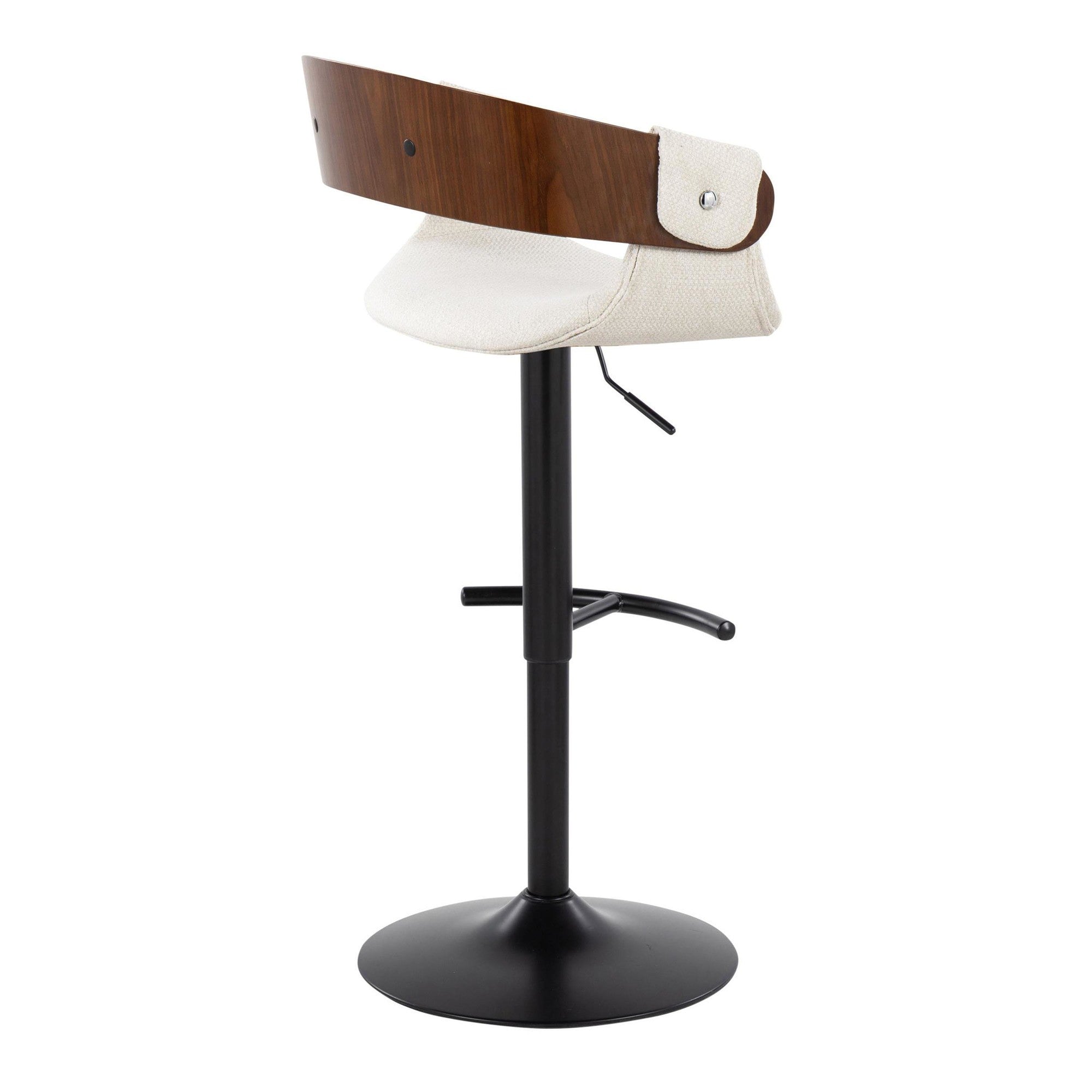 Elisa Adjustable Barstool - Set of 2 - Black Metal, Walnut Wood, Cream Fabric