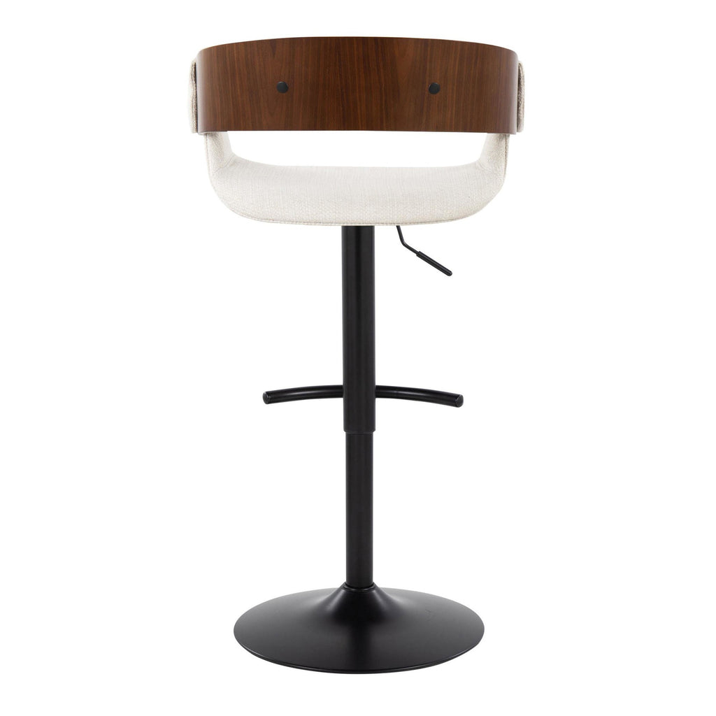 Elisa Adjustable Barstool - Set of 2 - Black Metal, Walnut Wood, Cream Fabric