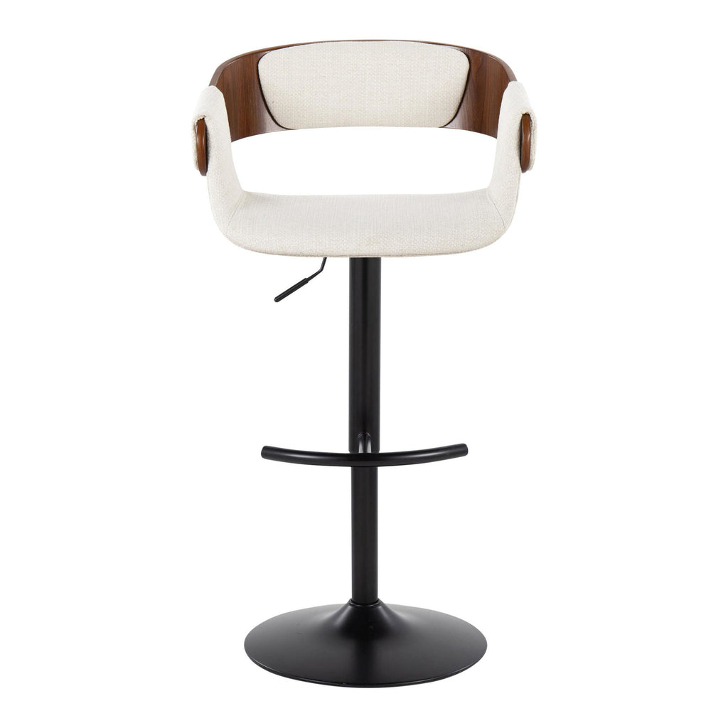 Elisa Adjustable Barstool - Set of 2 - Black Metal, Walnut Wood, Cream Fabric