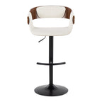 Elisa Adjustable Barstool - Set of 2 - Black Metal, Walnut Wood, Cream Fabric