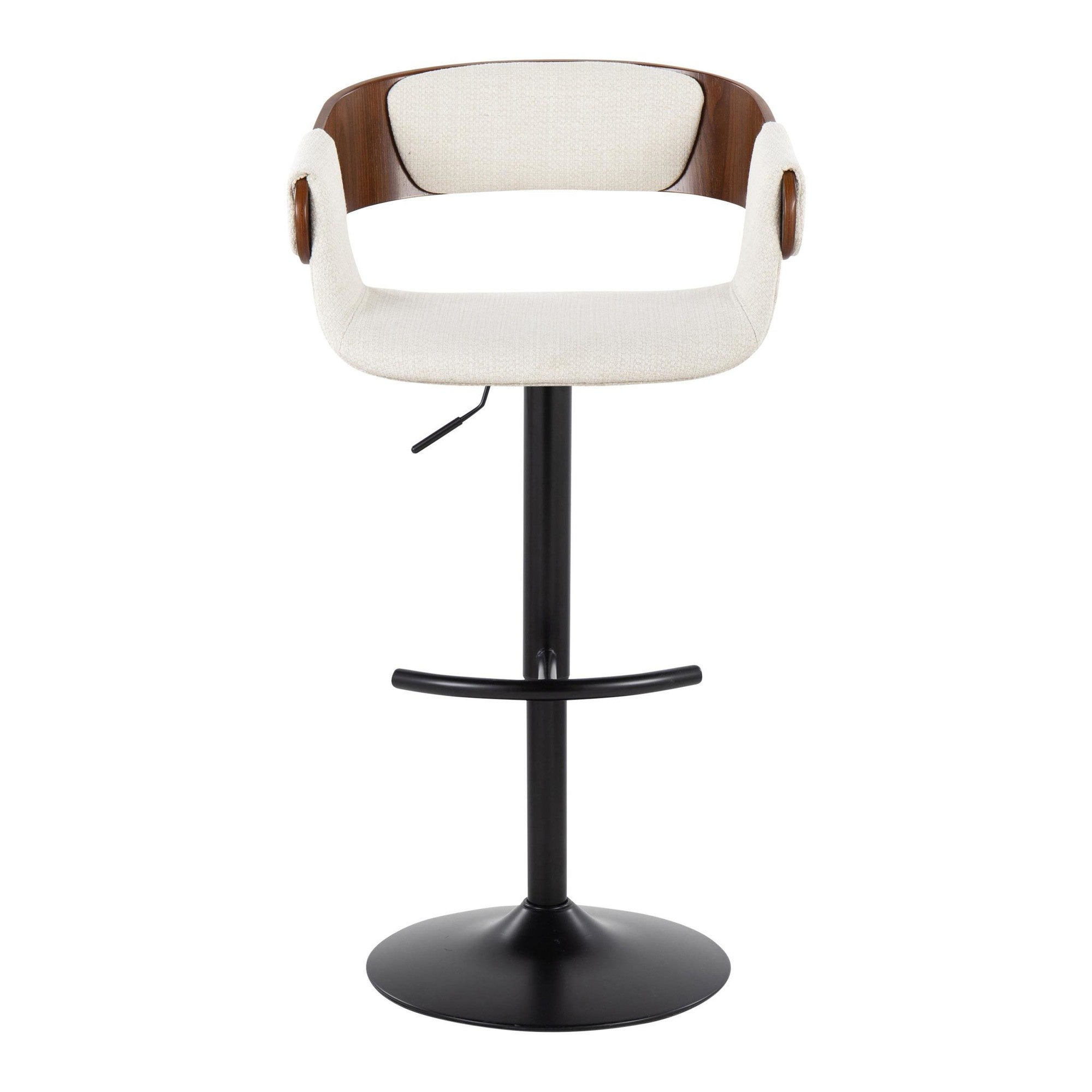 Elisa Adjustable Barstool - Set of 2 - Black Metal, Walnut Wood, Cream Fabric