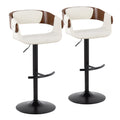 Elisa Adjustable Barstool - Set of 2 - Black Metal, Walnut Wood, Cream Fabric