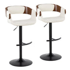 Elisa Adjustable Barstool - Set of 2 - Black Metal, Walnut Wood, Cream Fabric