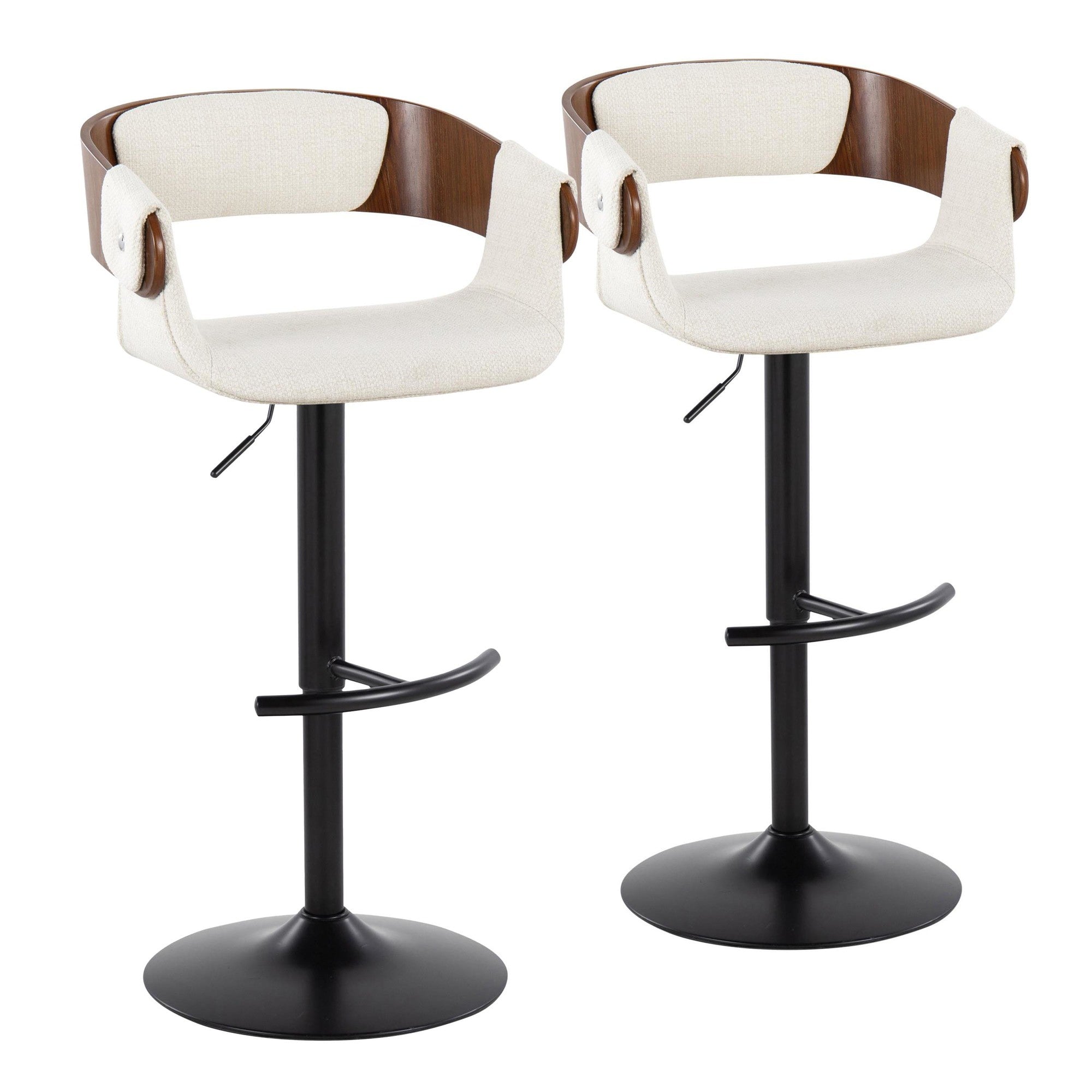 Elisa Adjustable Barstool - Set of 2 - Black Metal, Walnut Wood, Cream Fabric