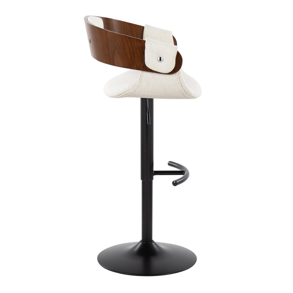Elisa Adjustable Barstool - Set of 2 - Black Metal, Walnut Wood, Cream Fabric