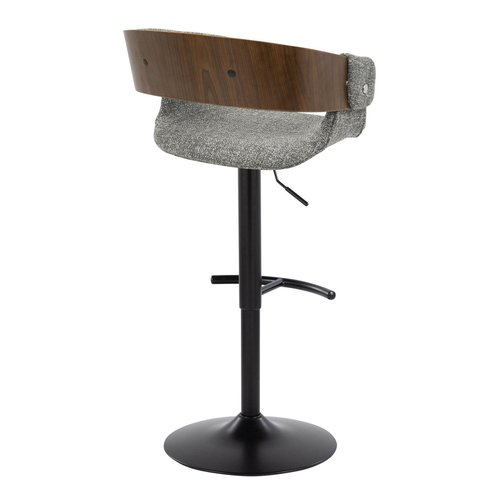 Elisa Adjustable Barstool - Set of 2 - Black Metal, Walnut Wood, Grey Fabric
