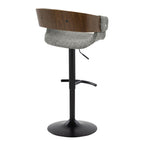 Elisa Adjustable Barstool - Set of 2 - Black Metal, Walnut Wood, Grey Fabric