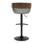 Elisa Adjustable Barstool - Set of 2 - Black Metal, Walnut Wood, Grey Fabric