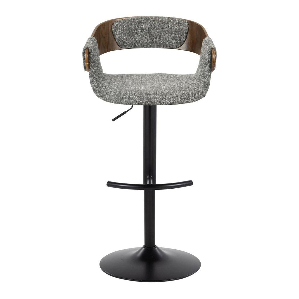 Elisa Adjustable Barstool - Set of 2 - Black Metal, Walnut Wood, Grey Fabric
