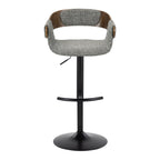 Elisa Adjustable Barstool - Set of 2 - Black Metal, Walnut Wood, Grey Fabric