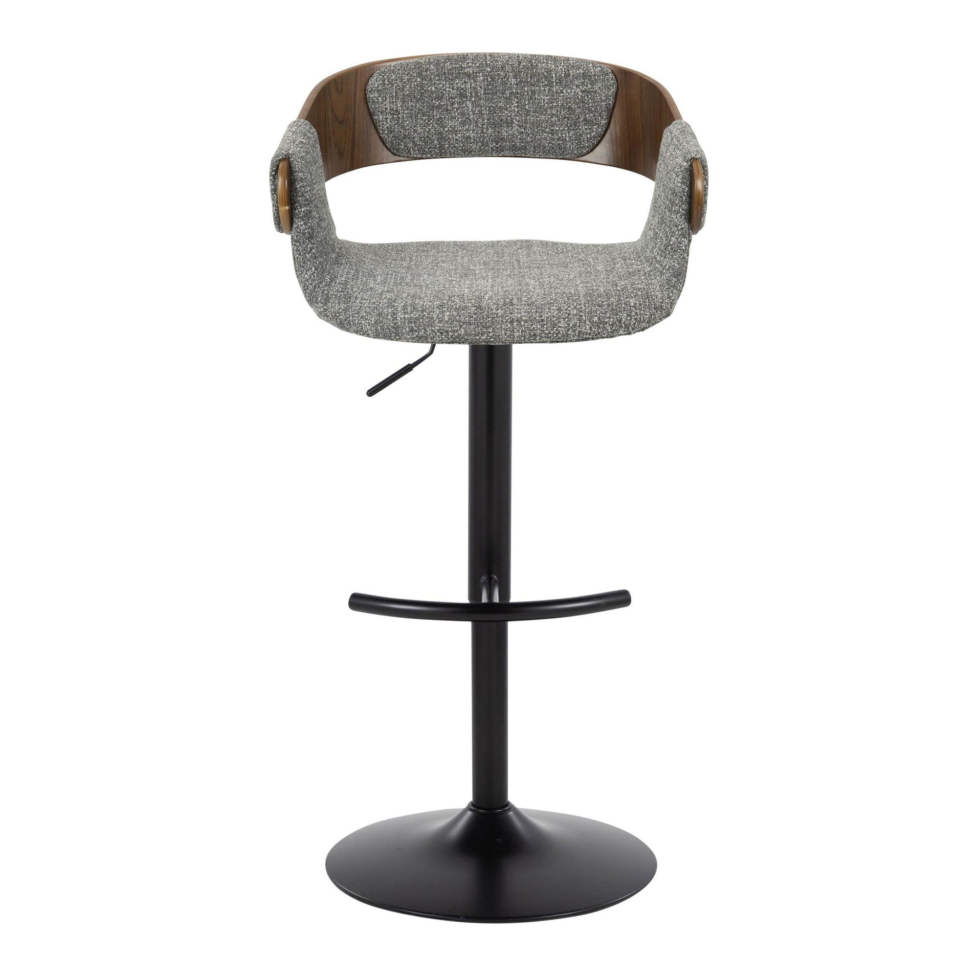 Elisa Adjustable Barstool - Set of 2 - Black Metal, Walnut Wood, Grey Fabric