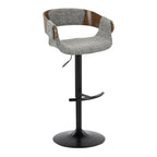 Elisa Adjustable Barstool - Set of 2 - Black Metal, Walnut Wood, Grey Fabric