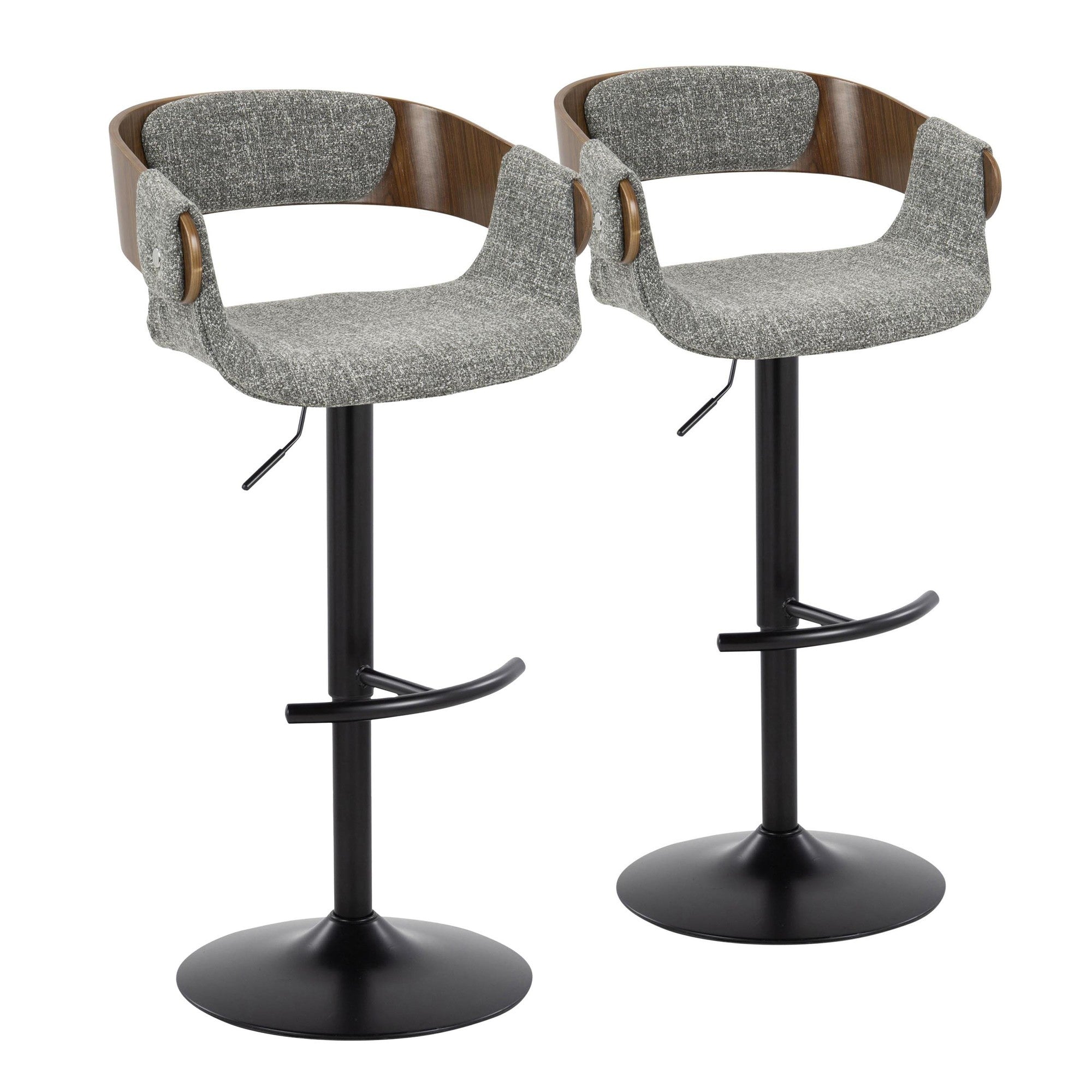 Elisa Adjustable Barstool - Set of 2 - Black Metal, Walnut Wood, Grey Fabric