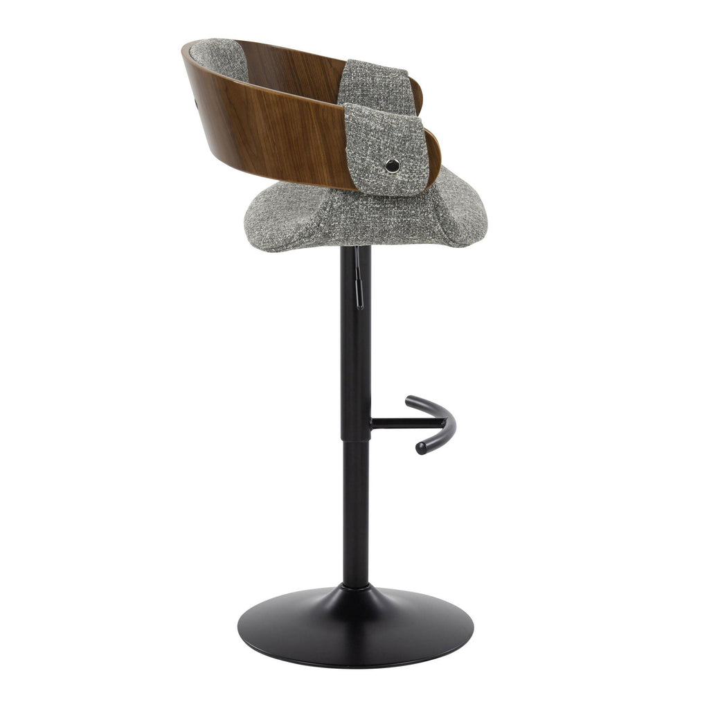 Elisa Adjustable Barstool - Set of 2 - Black Metal, Walnut Wood, Grey Fabric