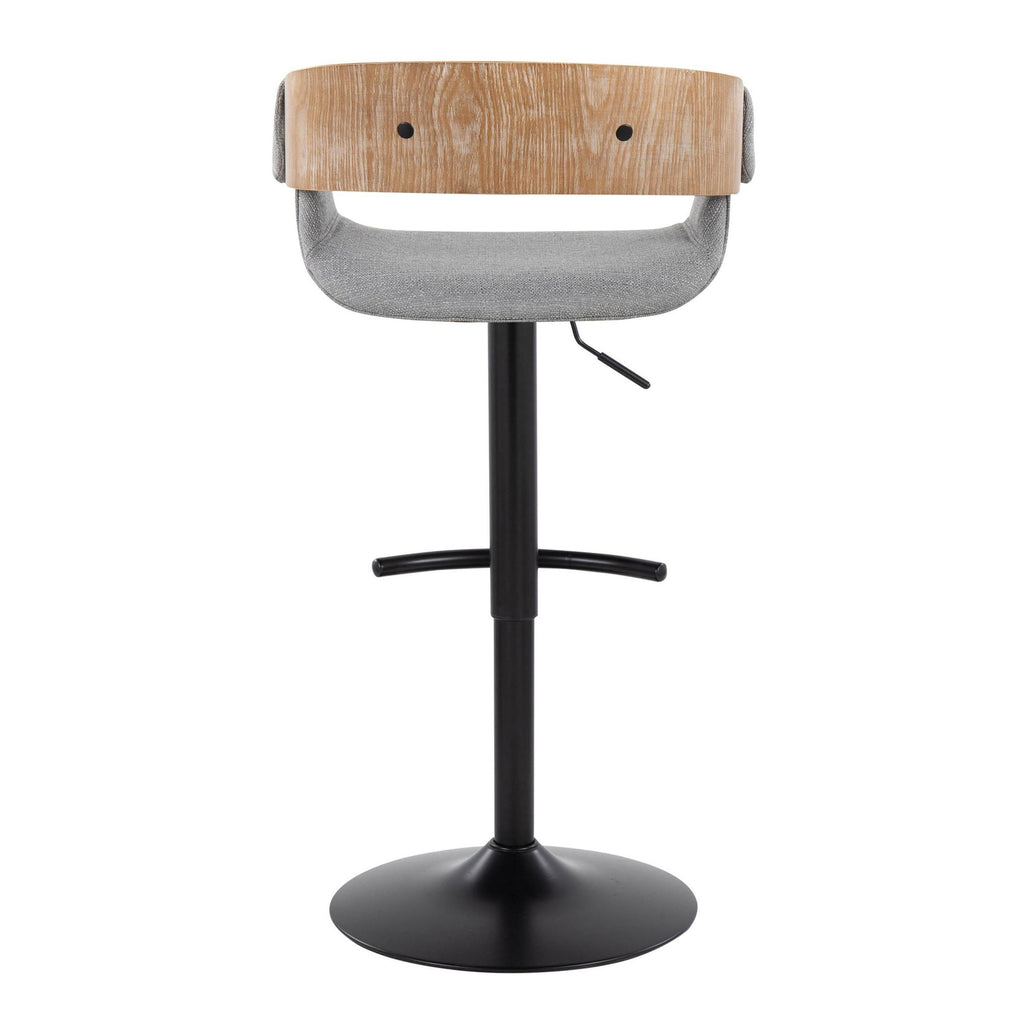 Elisa Adjustable Barstool - Set of 2 - Black Metal, Whitewashed Wood, Grey Fabric