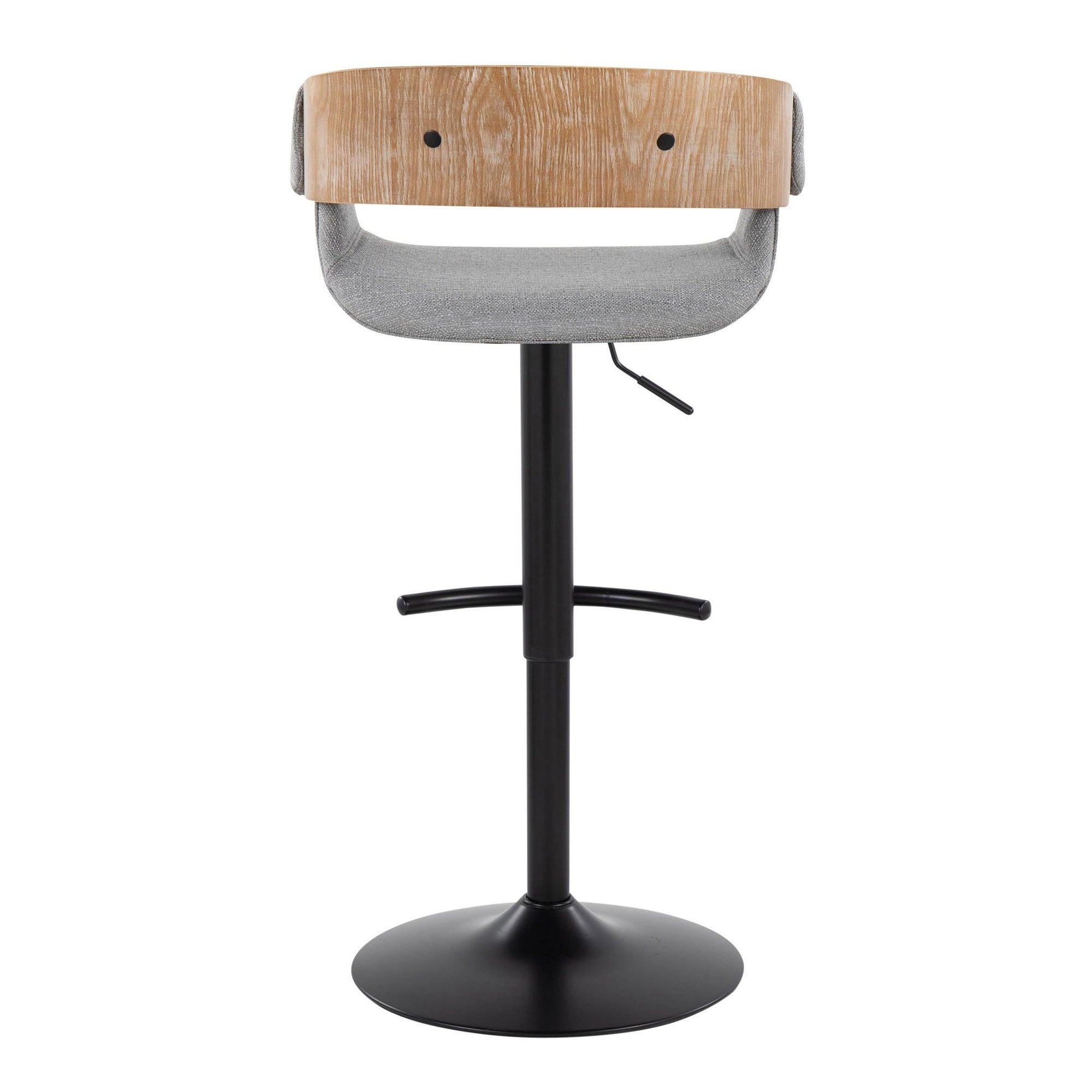 Elisa Adjustable Barstool - Set of 2 - Black Metal, Whitewashed Wood, Grey Fabric