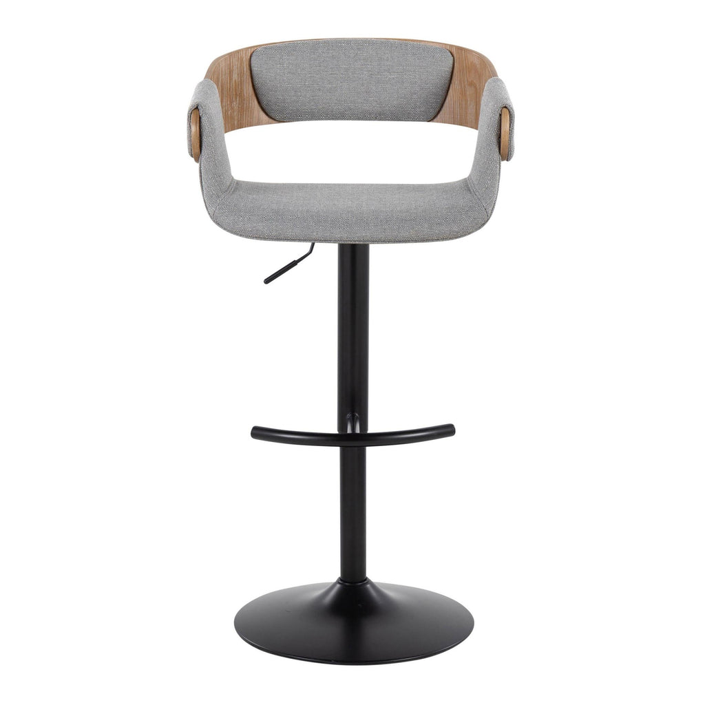 Elisa Adjustable Barstool - Set of 2 - Black Metal, Whitewashed Wood, Grey Fabric
