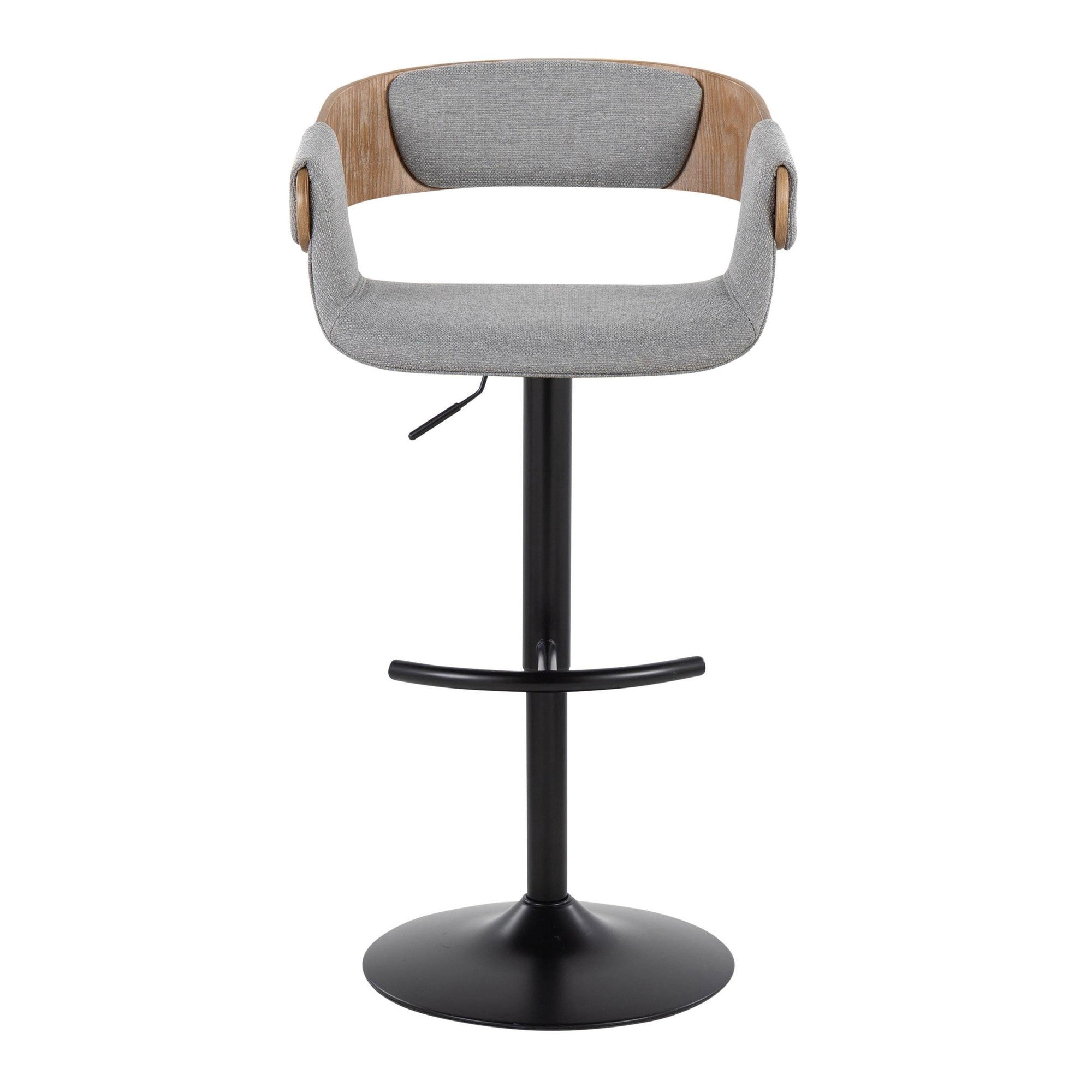 Elisa Adjustable Barstool - Set of 2 - Black Metal, Whitewashed Wood, Grey Fabric