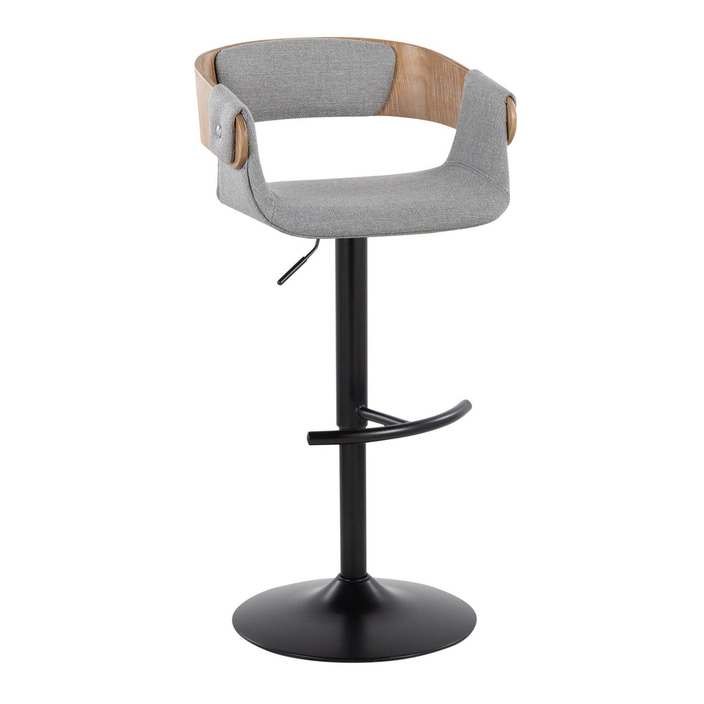 Elisa Adjustable Barstool - Set of 2 - Black Metal, Whitewashed Wood, Grey Fabric