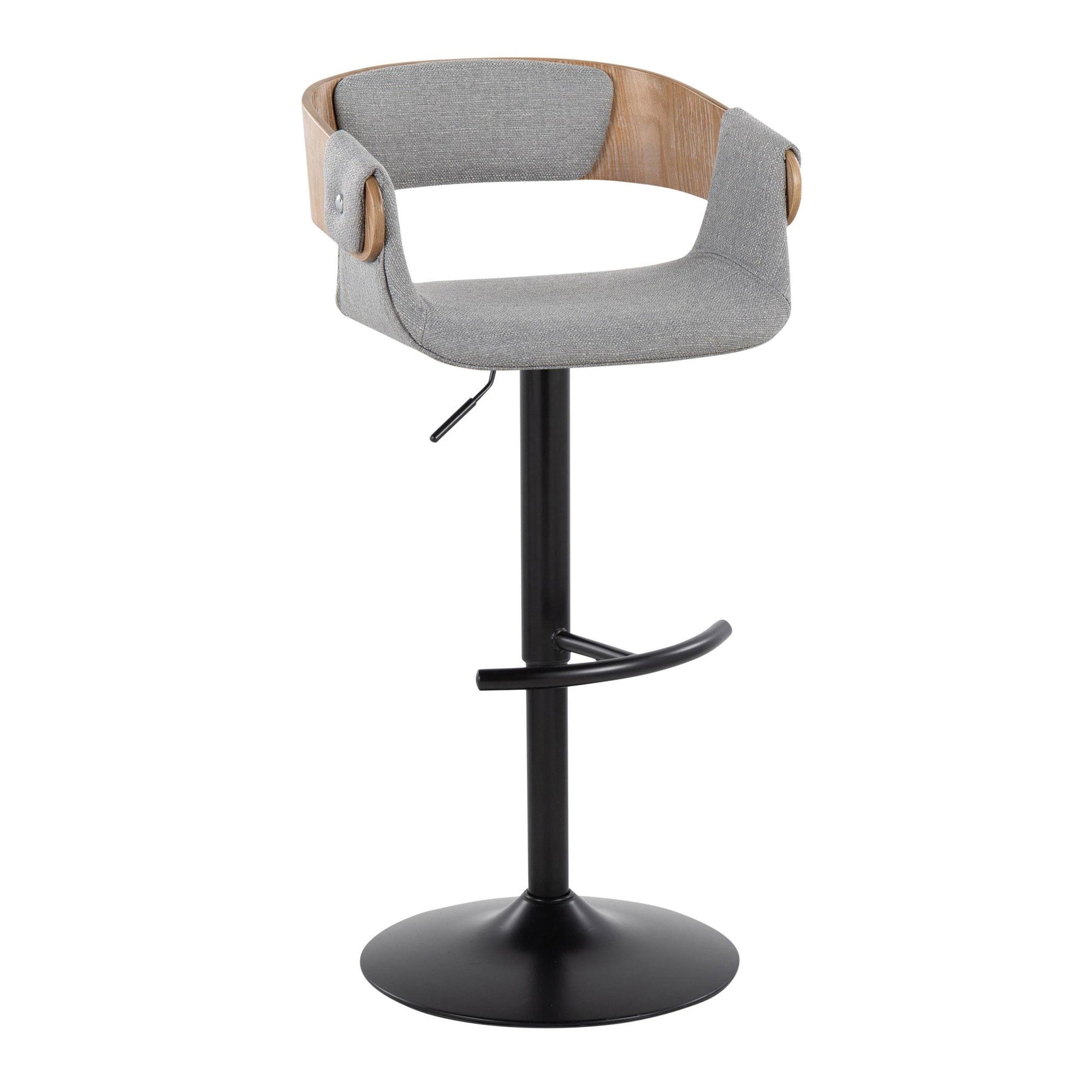 Elisa Adjustable Barstool - Set of 2 - Black Metal, Whitewashed Wood, Grey Fabric