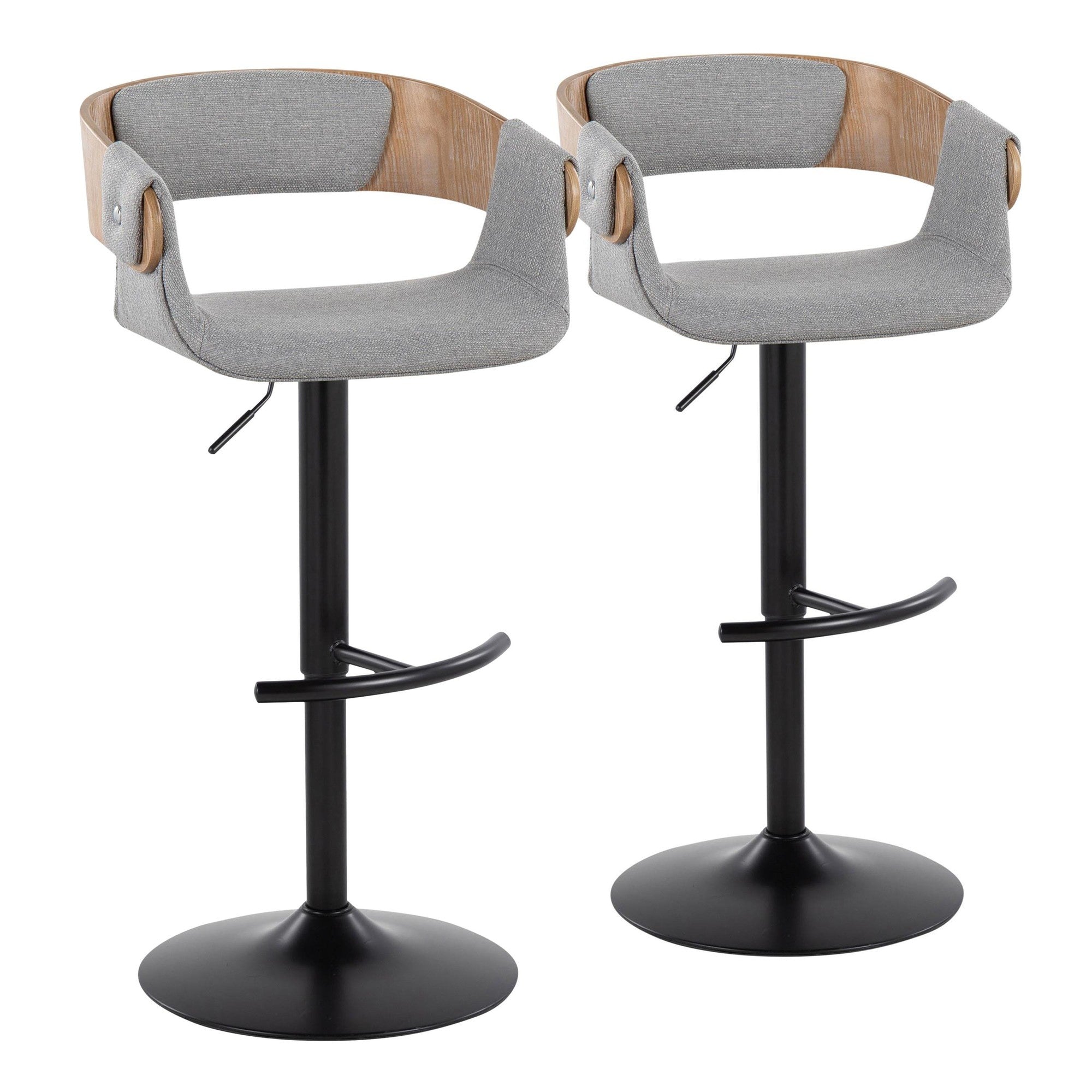 Elisa Adjustable Barstool - Set of 2 - Black Metal, Whitewashed Wood, Grey Fabric
