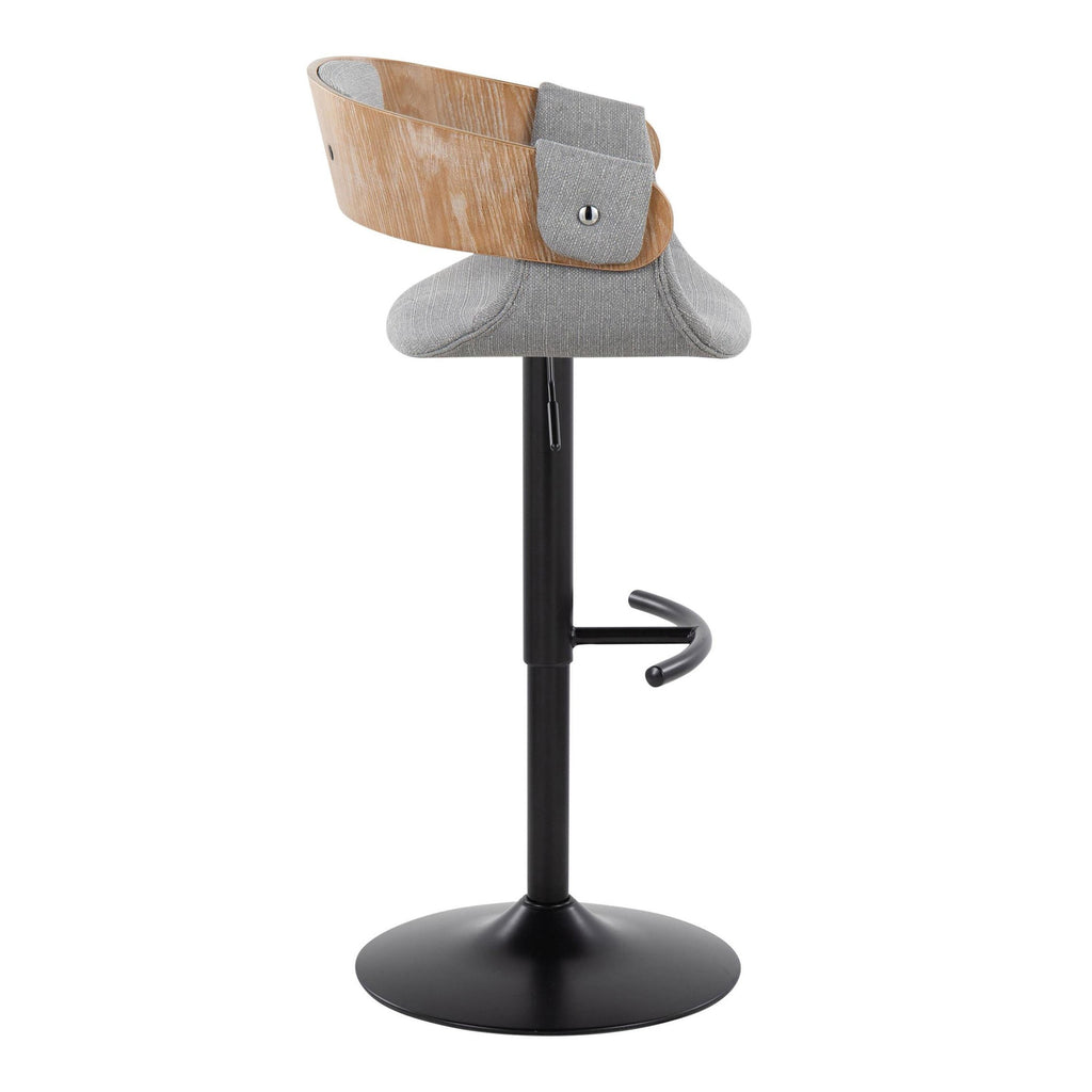 Elisa Adjustable Barstool - Set of 2 - Black Metal, Whitewashed Wood, Grey Fabric