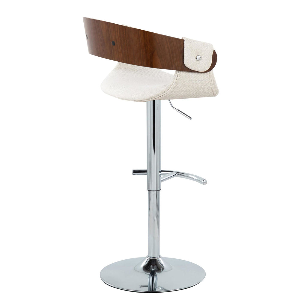 Elisa Adjustable Barstool - Set of 2 - Chrome Metal, Walnut Wood, Cream Fabric