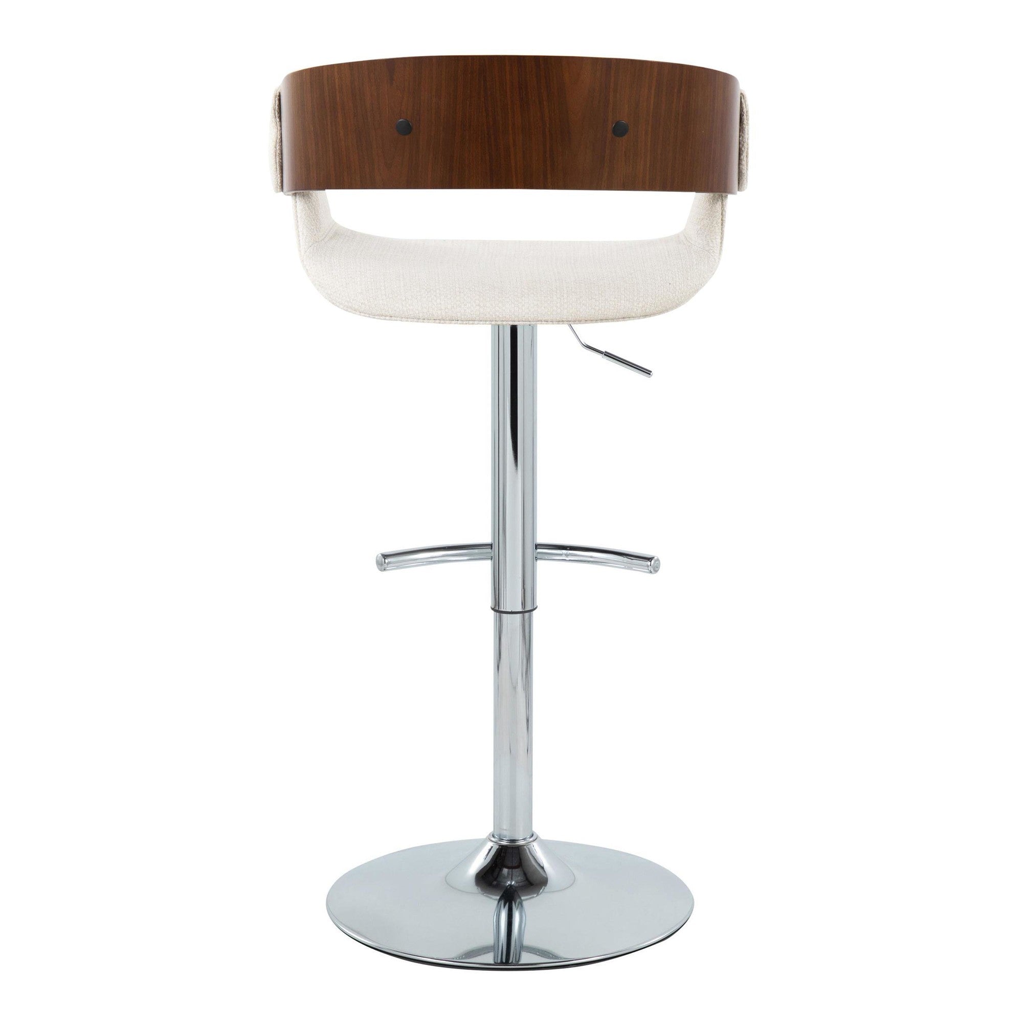Elisa Adjustable Barstool - Set of 2 - Chrome Metal, Walnut Wood, Cream Fabric