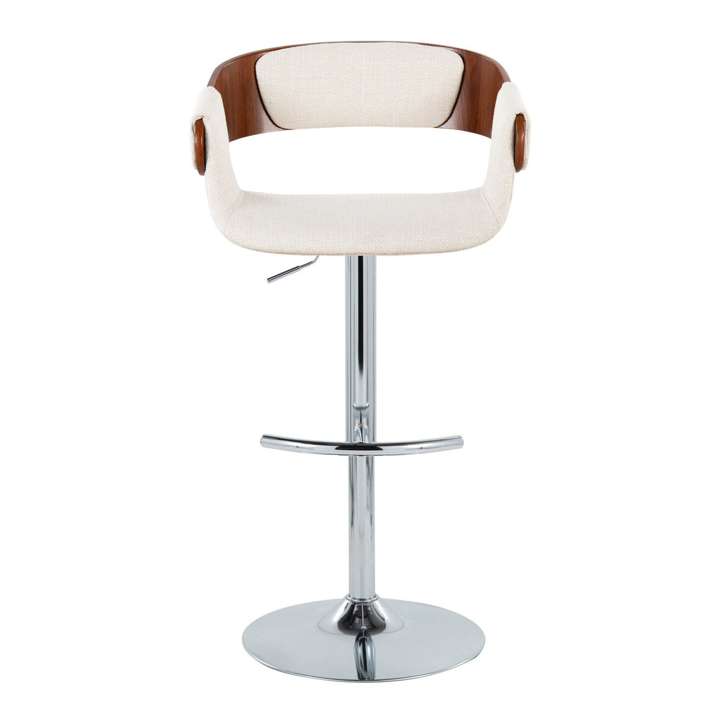 Elisa Adjustable Barstool - Set of 2 - Chrome Metal, Walnut Wood, Cream Fabric