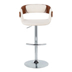 Elisa Adjustable Barstool - Set of 2 - Chrome Metal, Walnut Wood, Cream Fabric