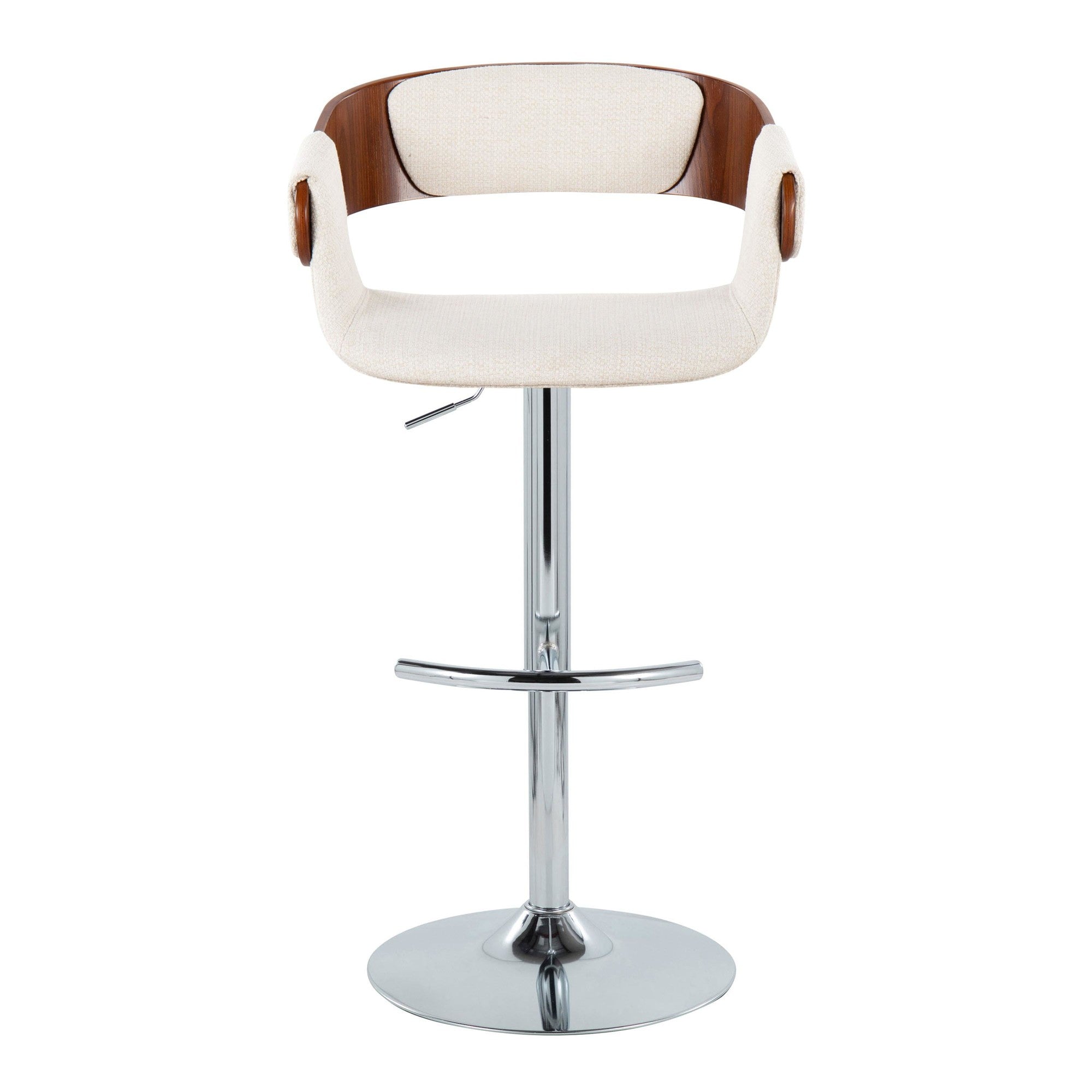 Elisa Adjustable Barstool - Set of 2 - Chrome Metal, Walnut Wood, Cream Fabric