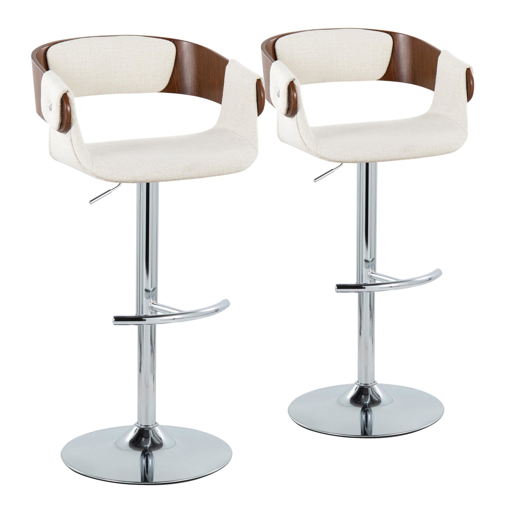Elisa Adjustable Barstool - Set of 2 - Chrome Metal, Walnut Wood, Cream Fabric