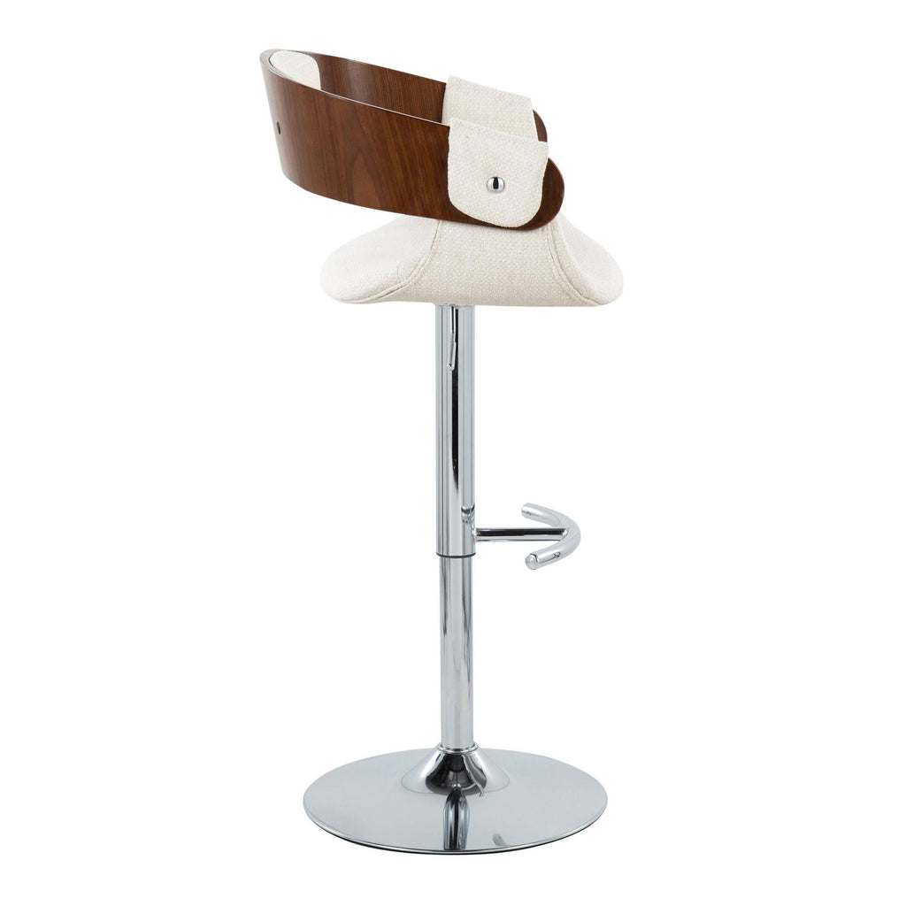 Elisa Adjustable Barstool - Set of 2 - Chrome Metal, Walnut Wood, Cream Fabric