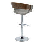 Elisa Adjustable Barstool - Set of 2 - Chrome Metal, Walnut Wood, Grey Fabric