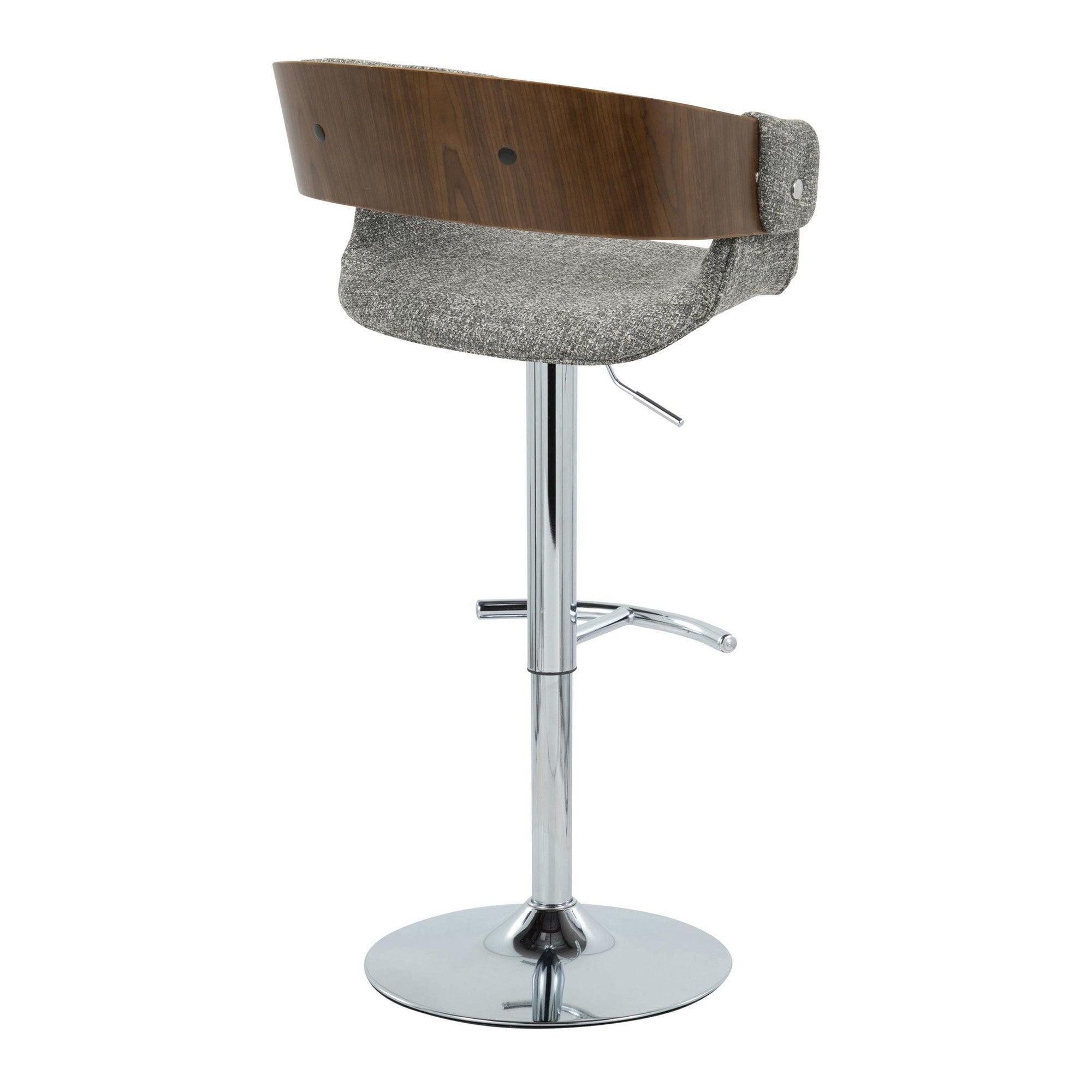 Elisa Adjustable Barstool - Set of 2 - Chrome Metal, Walnut Wood, Grey Fabric