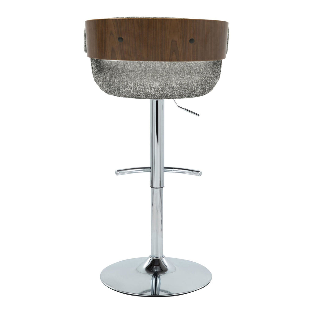 Elisa Adjustable Barstool - Set of 2 - Chrome Metal, Walnut Wood, Grey Fabric