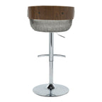 Elisa Adjustable Barstool - Set of 2 - Chrome Metal, Walnut Wood, Grey Fabric