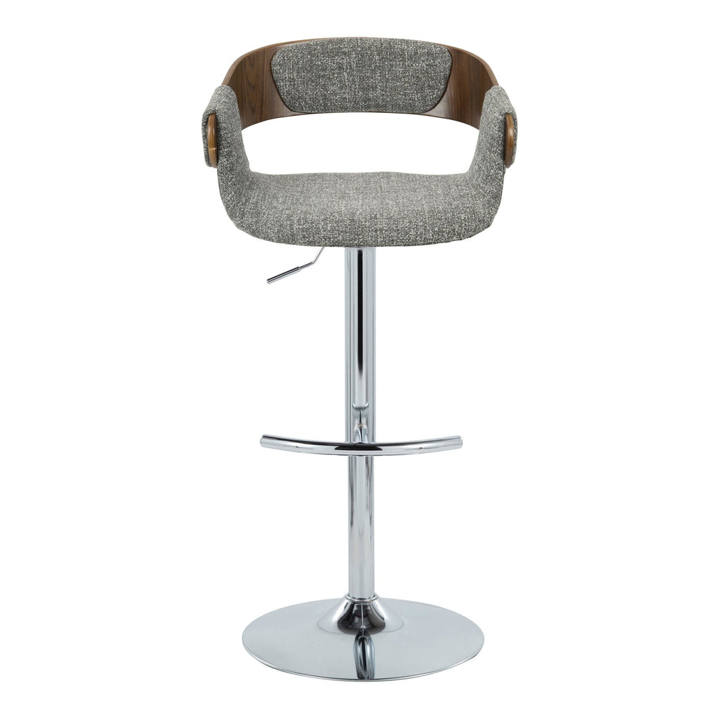 Elisa Adjustable Barstool - Set of 2 - Chrome Metal, Walnut Wood, Grey Fabric