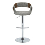 Elisa Adjustable Barstool - Set of 2 - Chrome Metal, Walnut Wood, Grey Fabric