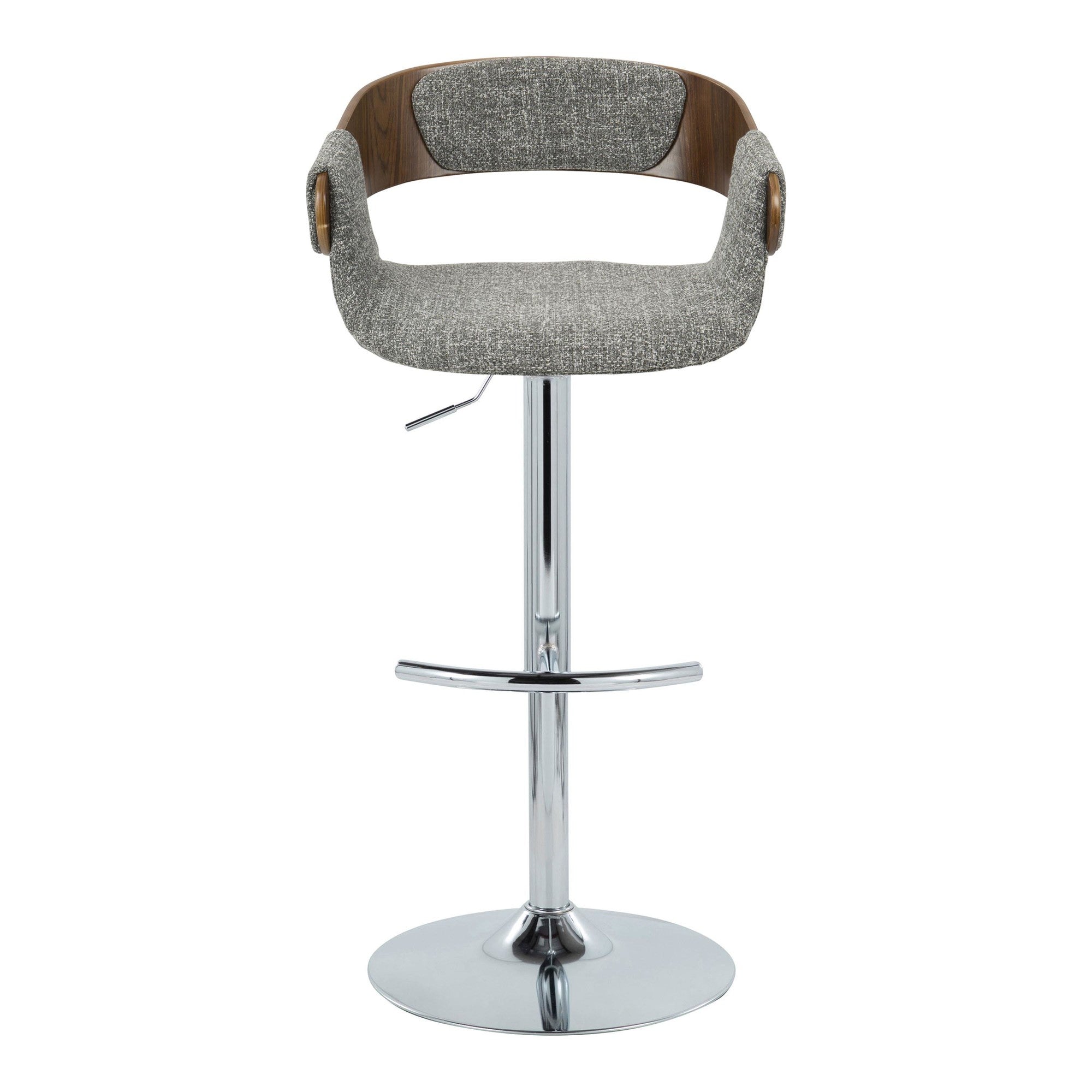 Elisa Adjustable Barstool - Set of 2 - Chrome Metal, Walnut Wood, Grey Fabric