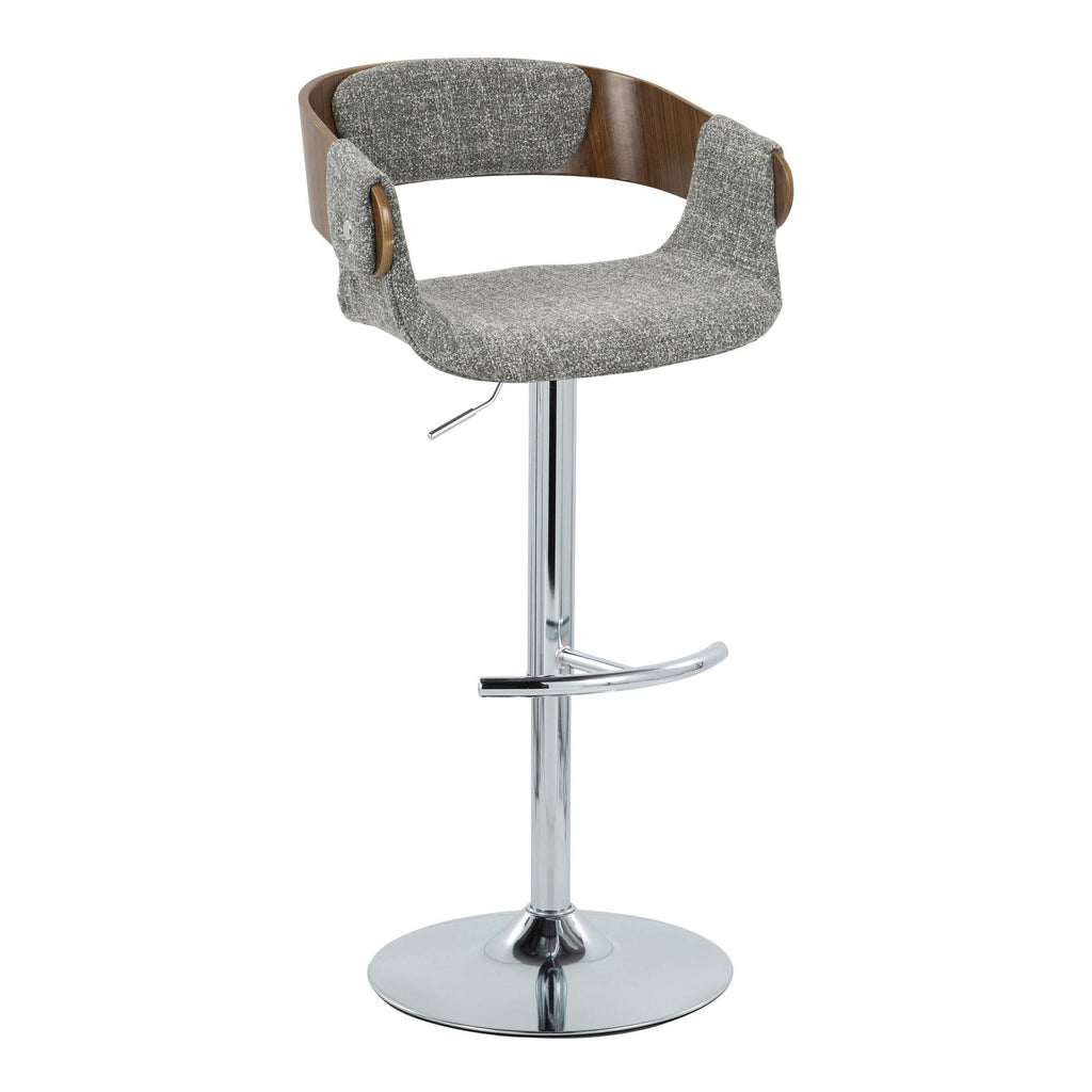 Elisa Adjustable Barstool - Set of 2 - Chrome Metal, Walnut Wood, Grey Fabric