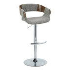 Elisa Adjustable Barstool - Set of 2 - Chrome Metal, Walnut Wood, Grey Fabric