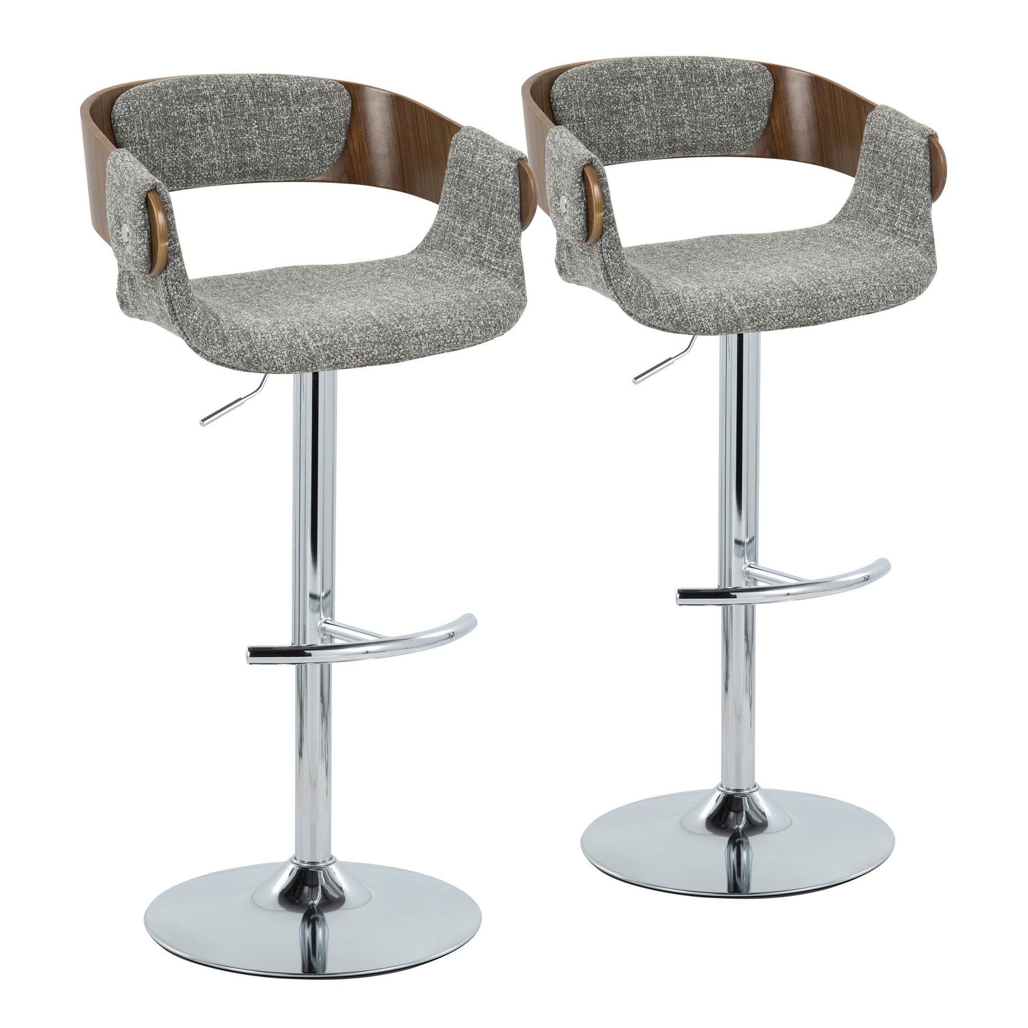 Elisa Adjustable Barstool - Set of 2 - Chrome Metal, Walnut Wood, Grey Fabric