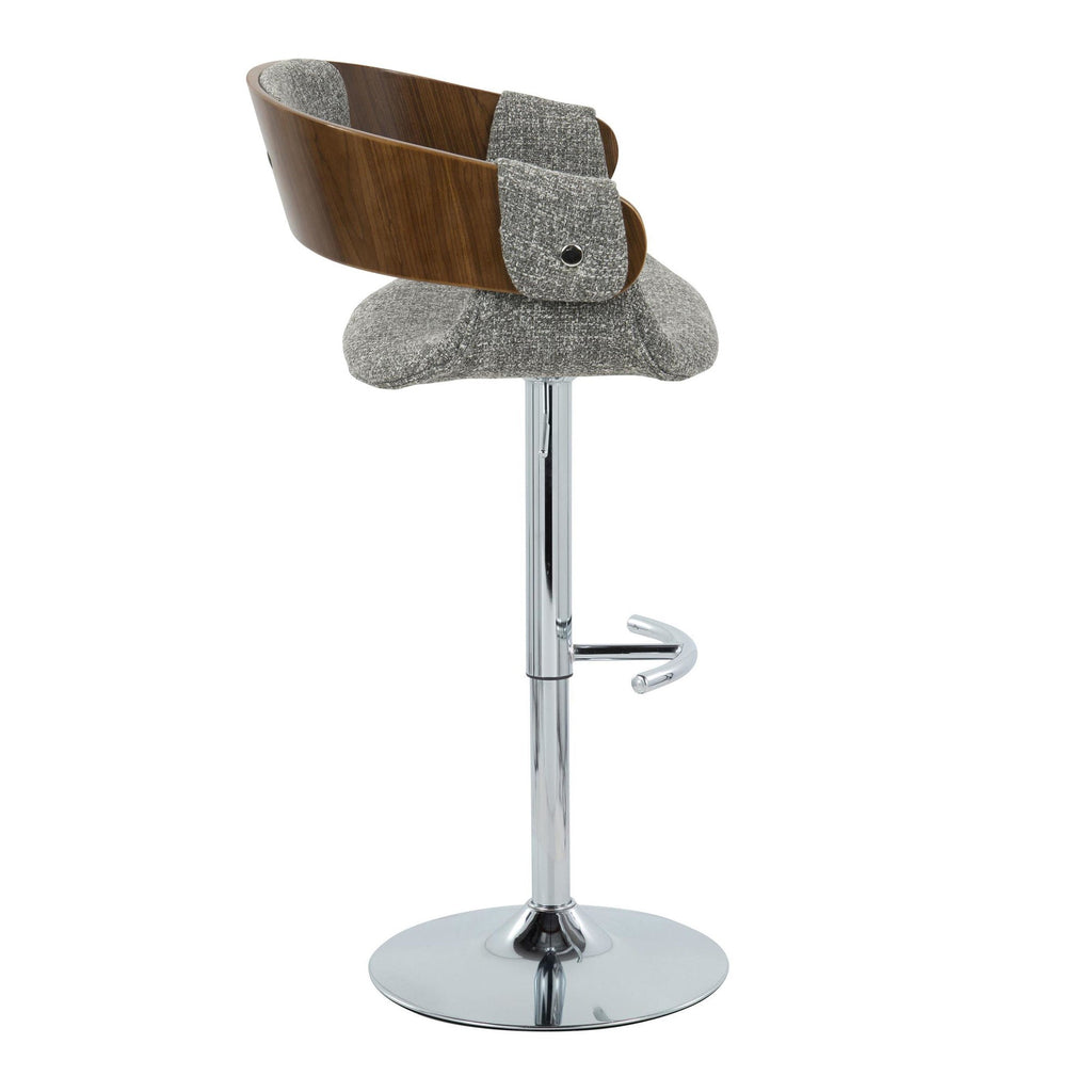 Elisa Adjustable Barstool - Set of 2 - Chrome Metal, Walnut Wood, Grey Fabric