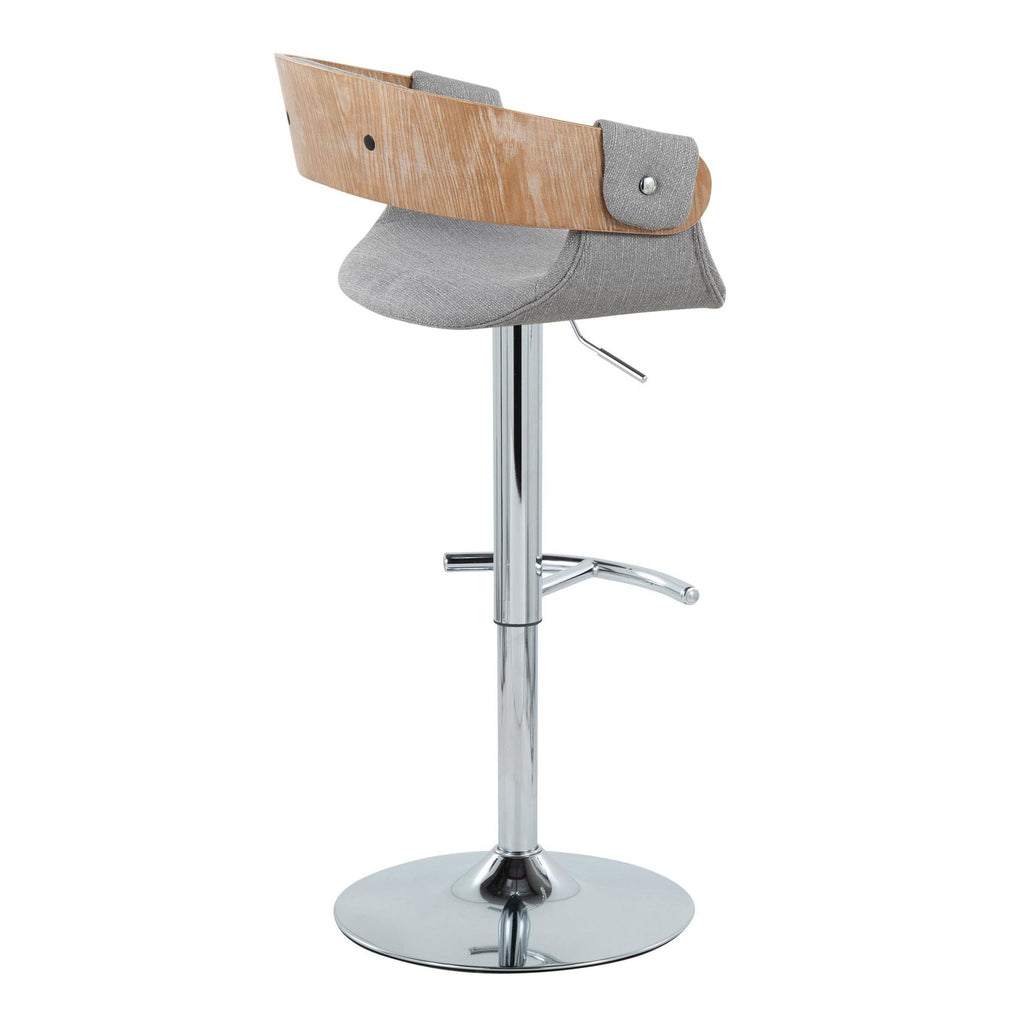 Elisa Adjustable Barstool - Set of 2 - Chrome Metal, Whitewashed Wood, Grey Fabric